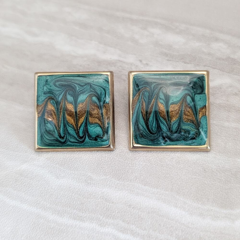 Vintage Stud Earrings Large Statement Square Green, Brown, Gold Tones